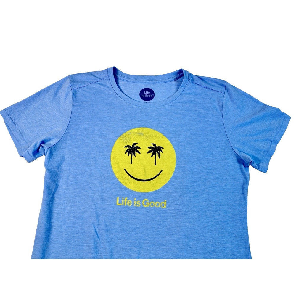Life is Good T-shirt Women's BLUE  Crew Neck Smiley‎ Face Palm Trees, MEDIUM